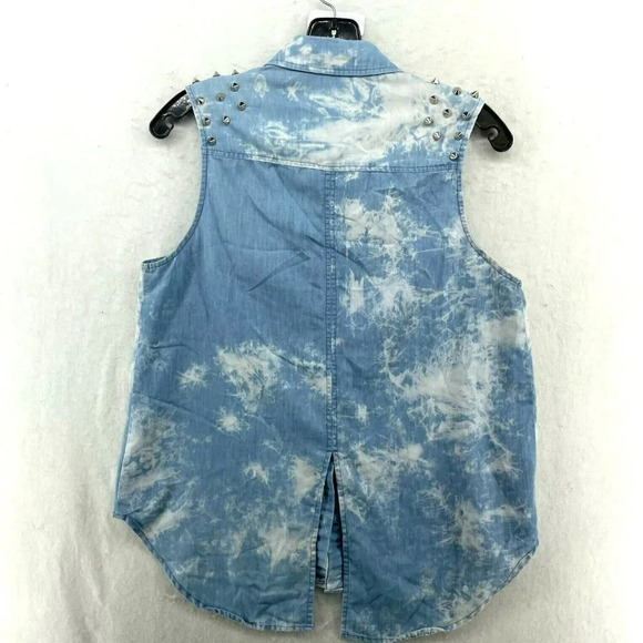 ASTR Tank Womens S Blue Bleach Detail Spikes Studs Split Back Hi-Low Soft Denim - Picture 2 of 11